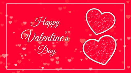 Fototapeta na wymiar valentine background with hearts and frame, red and pink, shiny and glowing stars, happy valentine's day text