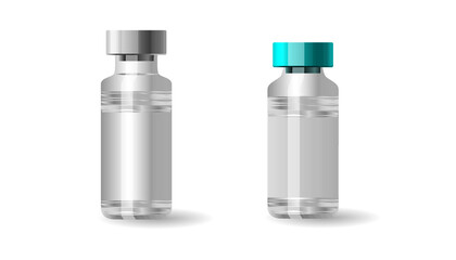Mock-up of vials for vaccine against coronavirus COVID-19. Glass bottles for medicines, injections. Flat vector illustration of container. Vaccination against virus, infection.