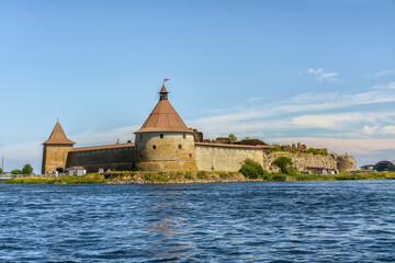 Fototapeta na wymiar An ancient Russian fortress on Orekhovy Island at the source of the Neva River; opposite the city of Shlisselburg in the Leningrad Region.