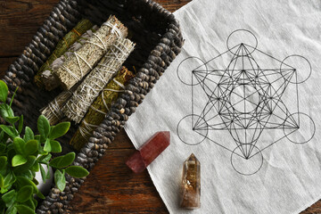A top view image of a sacred geometry grid cloth and white sage smudge sticks in a brown wicker...