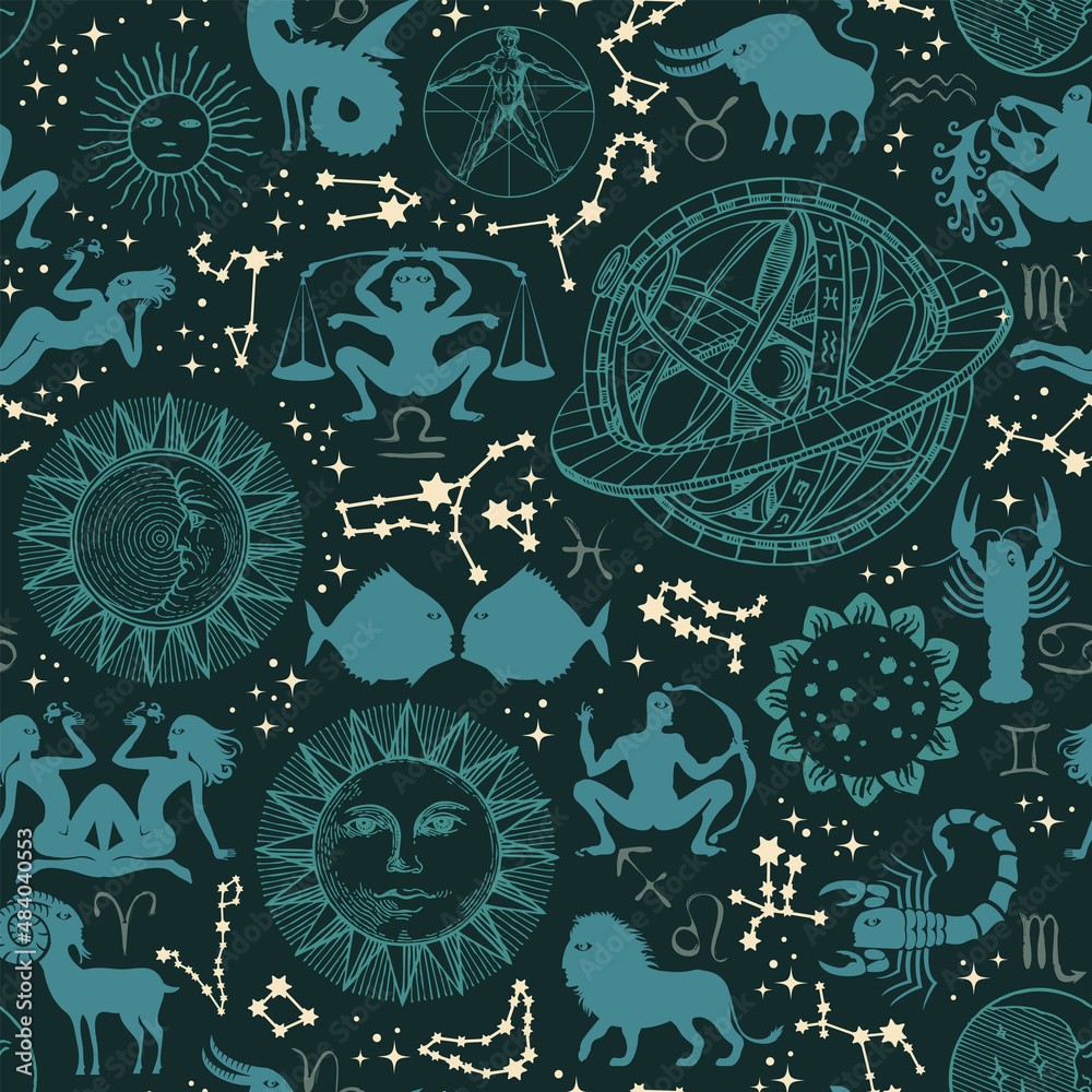 Wall mural abstract seamless pattern with zodiac signs, horoscope symbols, sun, moon, stars, constellations and