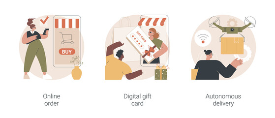 No contact order and delivery abstract concept vector illustration set. Online order, digital gift card, autonomous delivery, buying goods on internet, certificate online, drone use abstract metaphor.