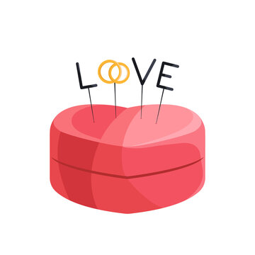 Wedding ring box with "LOVE" . Engagement  heart-shaped box.  Flat vector illustration.