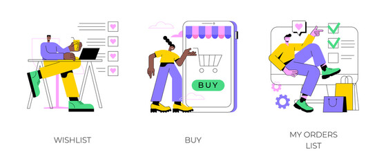 Online shopping abstract concept vector illustration set. Wishlist, buy, my orders list, add to shopping cart, product in stock, retail store, e-commerce website, user account abstract metaphor.