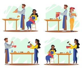 Man and woman shoemakers make footwear on the table, sideview.