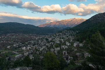 Abandoned ghost town. Top view of ancient village with historical structures. Fethiye Kayaköy, Turkey.