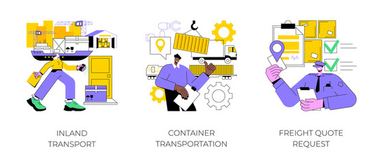 Logistics service provider abstract concept vector illustration set. Inland transport, container transportation, freight quote request, land port, ship loading, shipping proposal abstract metaphor.