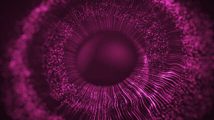 Human multicolored iris of the eye animation concept. Pink lines after a flash scatter out of a bright white circle and forming volumetric a human eye iris and pupil. 3d rendering background in 4K