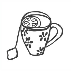 hand drawn cup of tea. The image is isolated on a white background. Vector graphics