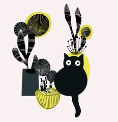 Illustrazione gatto nero e vasi di cactus 