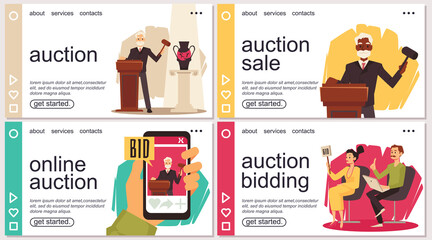 People bid at an auction, landing pages set - flat vector illustration.