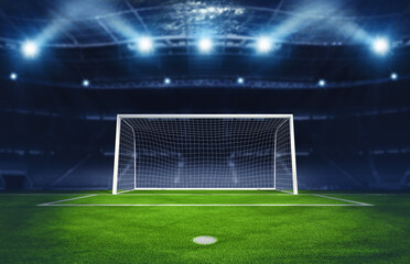 Soccer goalpost under spotlights in the stadium. 3D Rendering