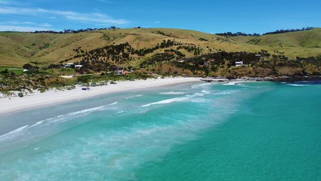 Snelling Beach on the North Coast of Kangaroo Island, South Australia, on a clear sunny day. Wide angle aerial