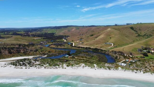 Middle River on the North Coast of Kangaroo Island, South Australia with Snelling Beach in the foreground. Wide angle aerial