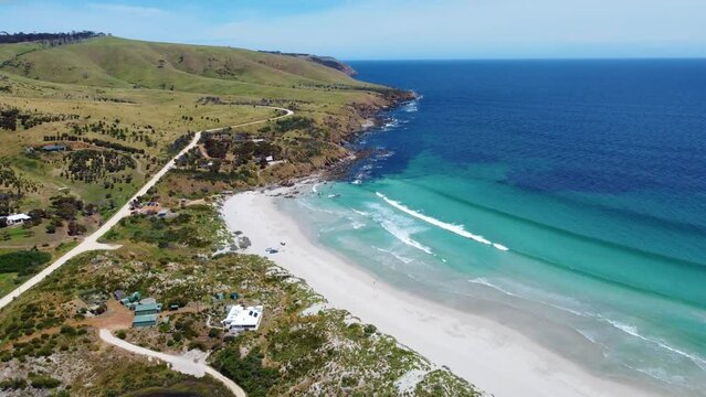 Stunning coastline of Snelling Beach on the North Coast of Kangaroo Island, South Australia. High angle aerial