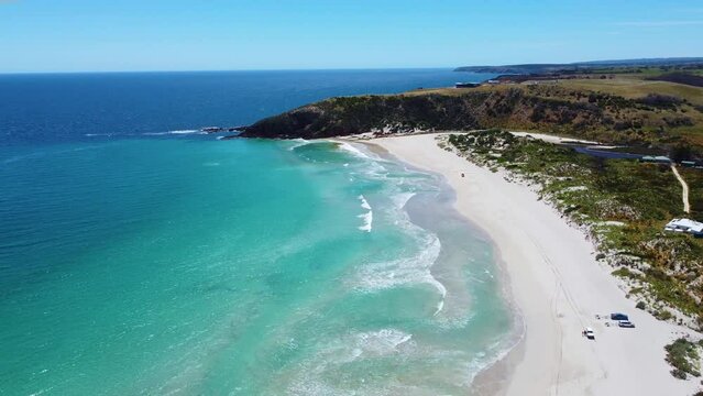 Beautiful expansive coastline over Snelling Beach on the North Coast of Kangaroo Island, South Australia. Wide angle aerial