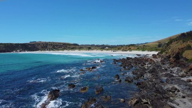 Rocky coastline of Snelling Beach on the North Coast of Kangaroo Island, South Australia on a beautiful clear day. Low angle aerial