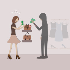 Flat design of  business finance,Young girl with money was robbed by taxes - vector