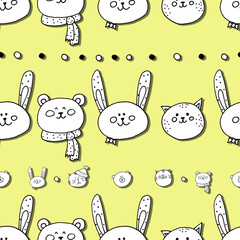 Cute animals characters - seamless pattern with bunny and cat, bear on yellow background	