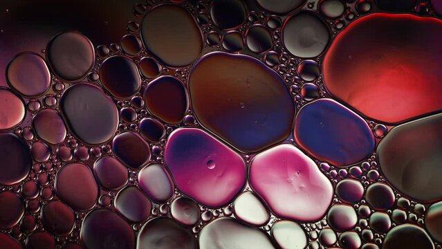 Abstract Colorful Food Oil Drops Bubbles and spheres Flowing on Water Surface, macro Videography