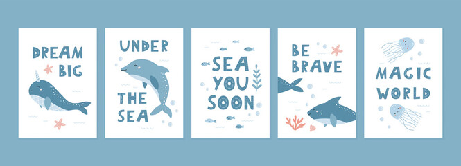 Sea cards collection for children. Nursery posters with ocean animals and plants. Hand drawn doodle narwhal, dolphin, shark and jellyfish. Underwater life. Ideal for greeting cards, t-shirts design. © Kristina