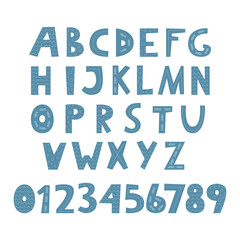 Hand drawn latin alphabet with sea waves, bubbles and fishes. Ocean themed ABC letters and numbers. Ideal for posters, greeting cards, invitations and brochures. Vector illustration.