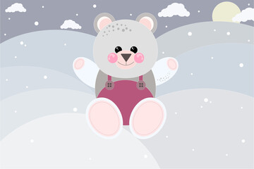 Cute cartoon white bear at the North pole. Funny postcard or background for kids