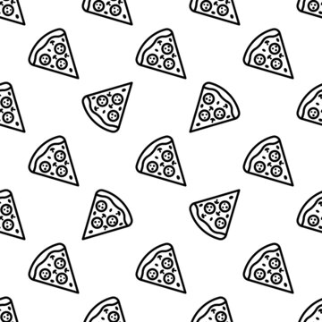 Pizza pattern with hand drawn icons pizza slices. Trendy vector black and white pizza pattern. Seamless monochrome pizza pattern for fabric, web backgrounds, wallpapers, wrapping paper, and cards.