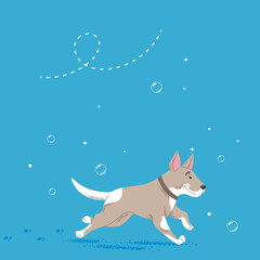 Vector character of a dog on a blue background with soap bubbles for a grooming salon or postcard 