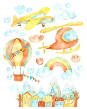Watercolor handdrawn children collection clipart Transport by Air with cute plane, helicopter, hot air balloons, rainbow clouds, and mountain town