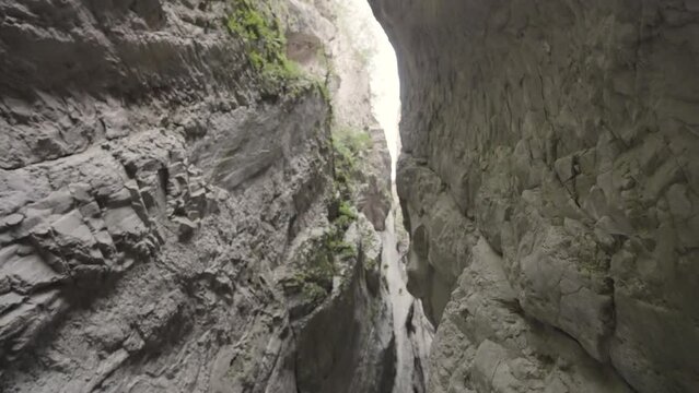 Geological formation with a very narrow passage. Action. Bottom view of the stone gorge with greenery.