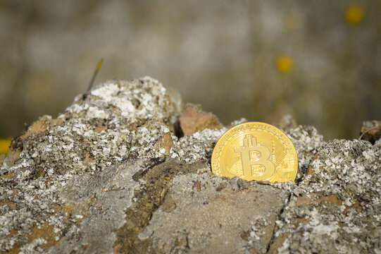 moneda bitcoin dorada sobre lecho de rocas