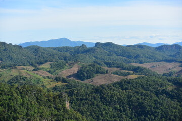 Village view in the forest area and fresh green mountains. There is nature in Thailand.
