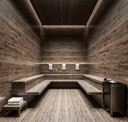 Dark modern design finnish sauna mock-up, 3d rendering, 3d illustration