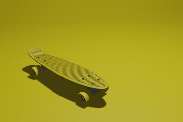 Yellow skateboard on yellow background, 3d rendering