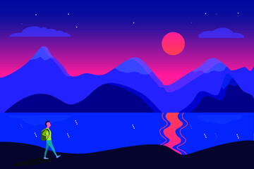 Vector Paisaje, senderismo al atardecer, puesta de sol en las monta&ntilde;as