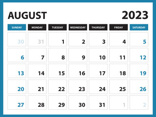 August 2023 Calendar Printable, Calendar 2023 template, planner design, Desk calendar 2023 template, Wall calendar, organizer office, Simple calendar, week starts on sunday, vector eps 10