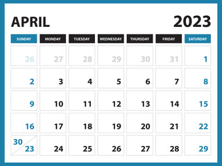 April 2023 Calendar Printable, Calendar 2023 template, planner design, Desk calendar 2023 template, Wall calendar, organizer office, Simple calendar, week starts on sunday, vector eps 10