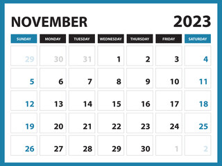 November 2023 Calendar Printable, Calendar 2023 template, planner design, Desk calendar 2023 template, Wall calendar, organizer office, Simple calendar, week starts on sunday, vector eps 10