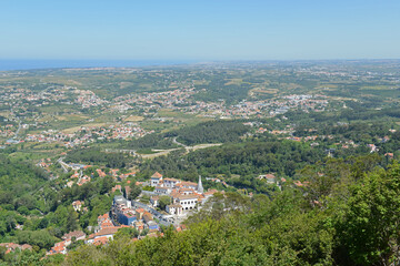 Fototapeta na wymiar Aerial view of town of Sintra and landscape from top of Castle of the Moors, Sintra, Lisbon District, Portugal. 