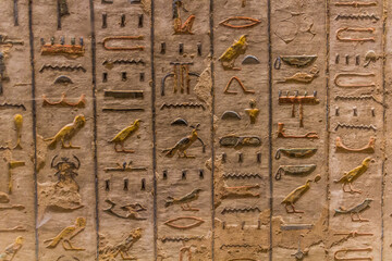 Hieroglyphs in the Ramesses III tomb at the Valley of the Kings at the Theban Necropolis, Egypt