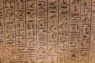 Hieroglyphs in the Ramesses III tomb at the Valley of the Kings at the Theban Necropolis, Egypt