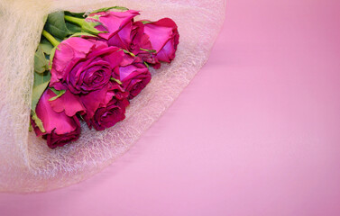 Bouquet of red roses lies on pink background