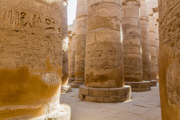 Decorated columns of the Great Hypostyle Hall in the Amun Temple enclosure in Karnak, Egypt