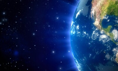 View of the Earth, star and galaxy. Sunrise over planet Earth from space. Concept on the theme of ecology, environment, Earth Day.
