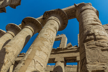 Decorated columns of the Great Hypostyle Hall in the Amun Temple enclosure in Karnak, Egypt