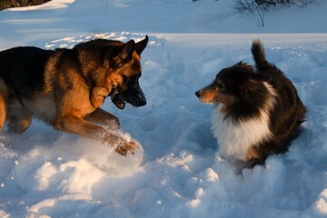 german shepherd and shetland sheepdog dogs playing in the snow