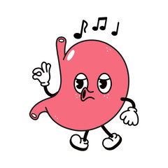Cute funny stomach walking singing character. Vector hand drawn traditional cartoon vintage, retro, kawaii character illustration icon. Isolated on white background. Stomach walk character concept