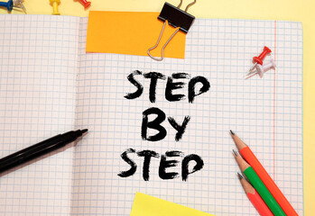 text step by step on white paper, business concept