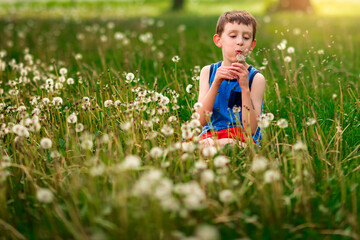 a boy blowing dandelions in the front yard